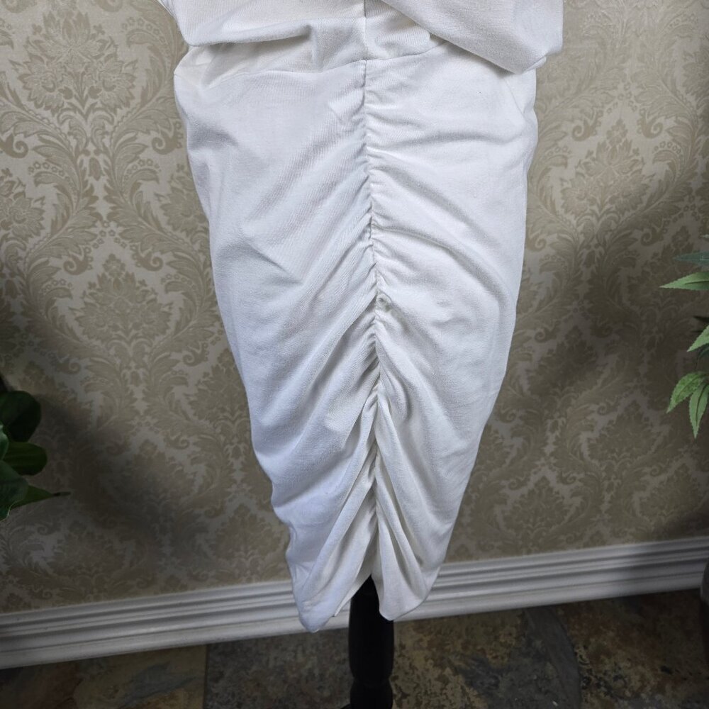 Athleta Size Large White T-Shirt Jersey Knit Dress Ruched Skirt Casual V-Neck - Picture 12 of 16